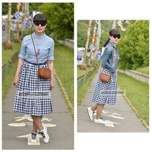 Stradivarius White/Blue Plaid Button Down Skirt